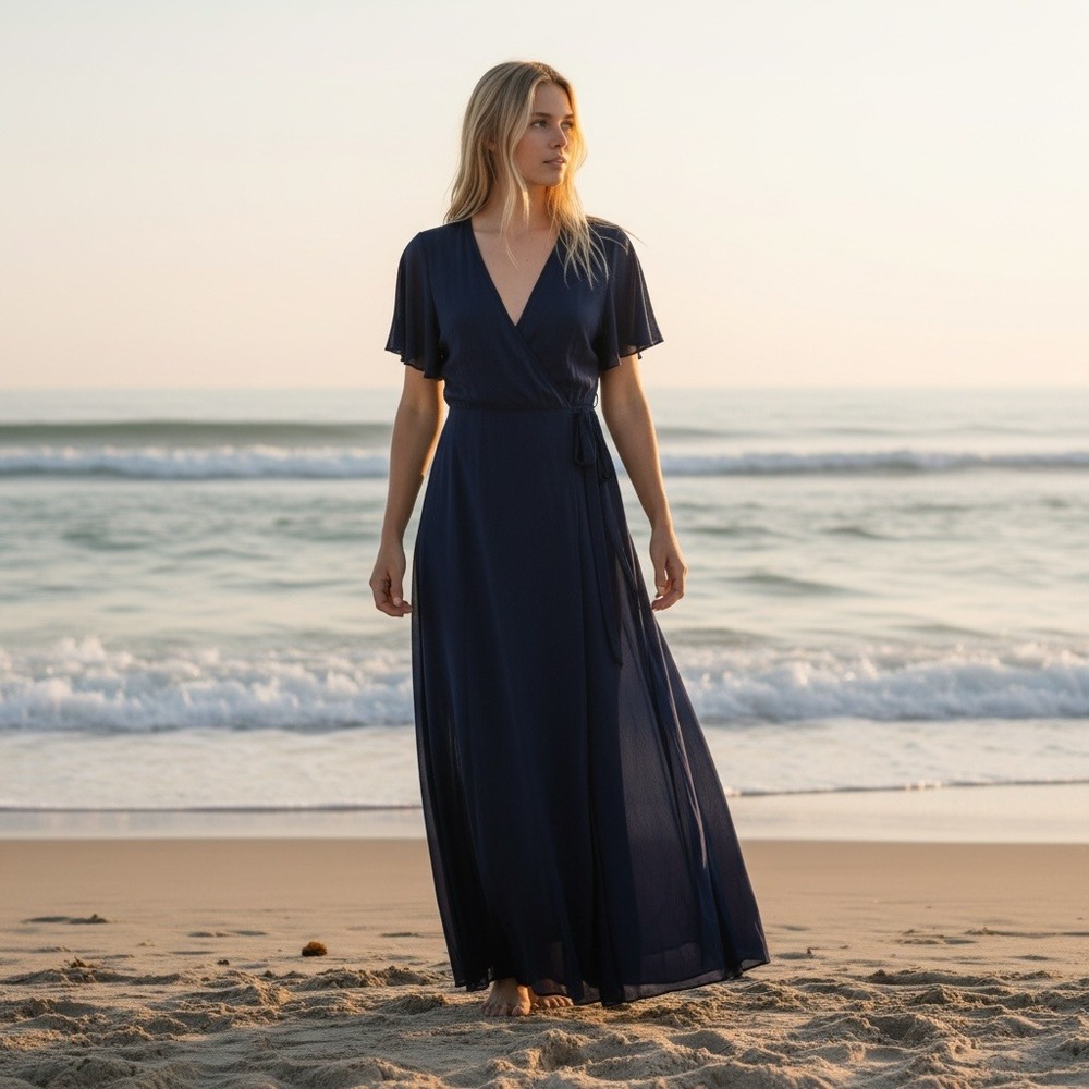 Reformation Navy Blue Viscose Wrap Maxi Dress Flutter Sleeve XXS PO 5404